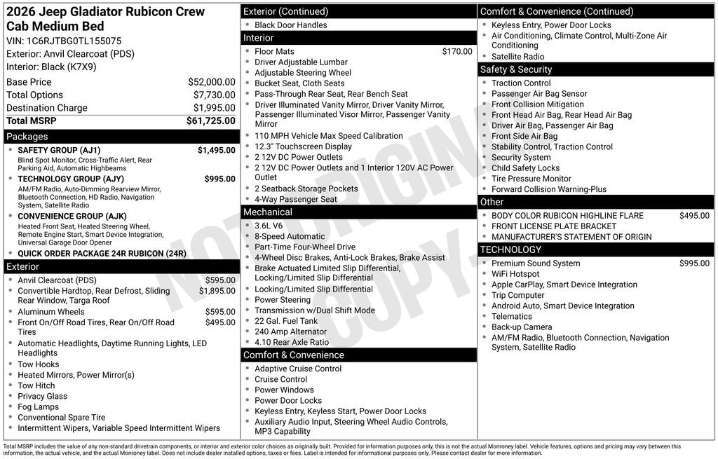 New 2026 Jeep Gladiator Rubicon w/ Safety Group AWD/4WD image 30