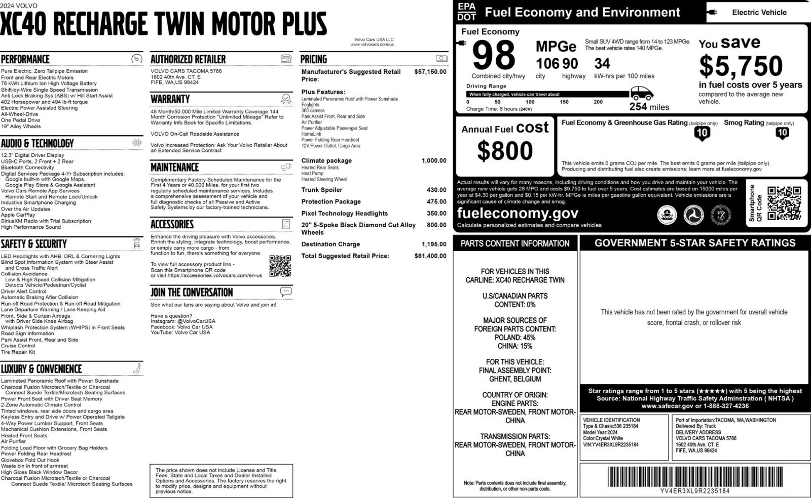 Used 2024 Volvo XC40 Recharge Plus w/ Protection Package Premier image 54