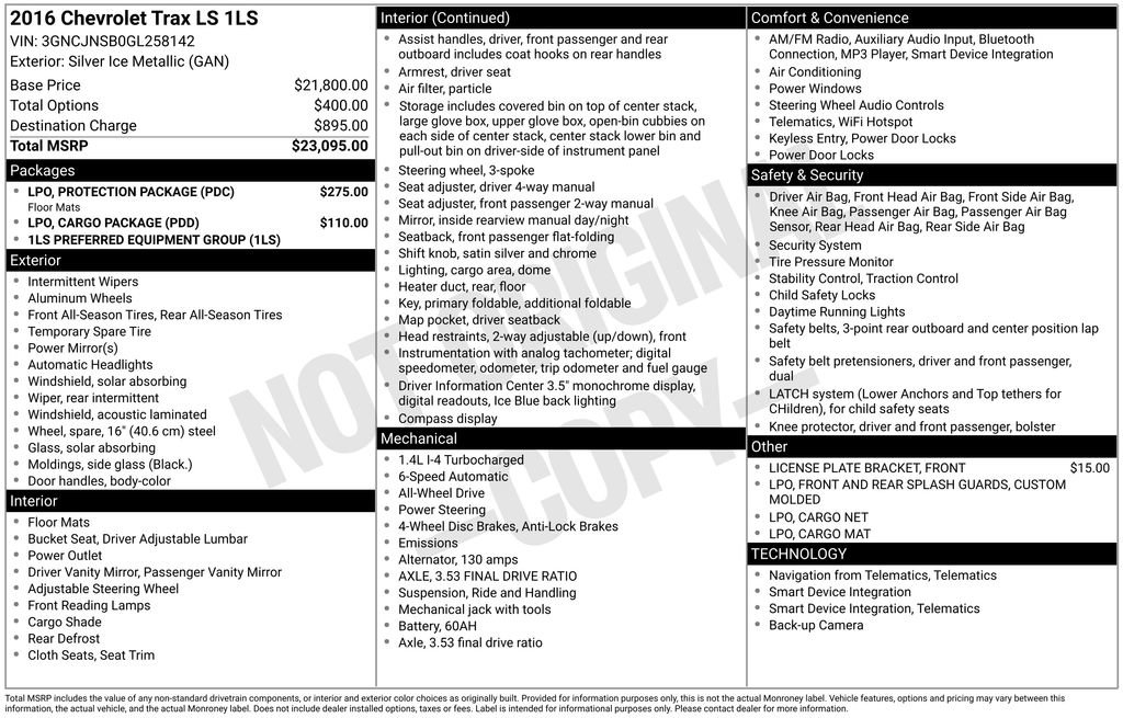 Used 2016 Chevrolet Trax LS w/ LPO, Protection Package image 2