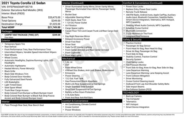 Used 2021 Toyota Corolla LE w/ Carpet Mat Package (TMS) FWD image 11
