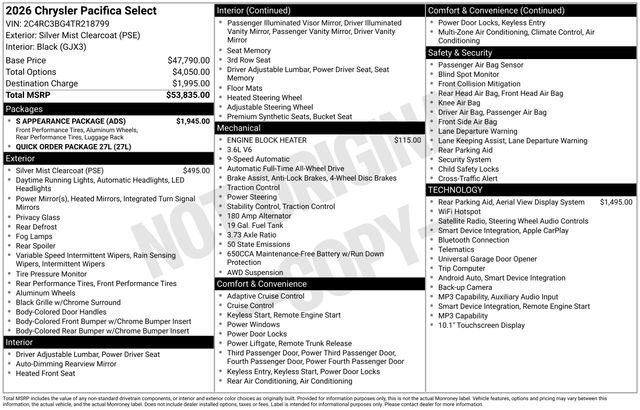 New 2026 Chrysler Pacifica Select w/ S Appearance Package AWD/4WD image 34