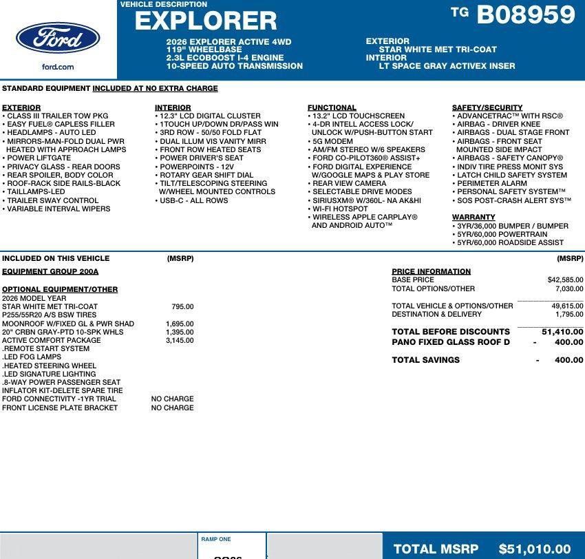 New 2026 Ford Explorer Active w/ Active Comfort Package AWD/4WD image 2