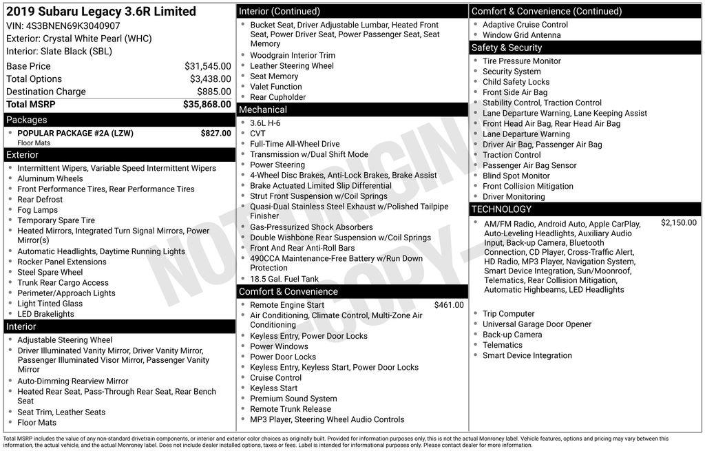 Used 2019 Subaru Legacy 3.6R Limited w/ Popular Package #2A image 6