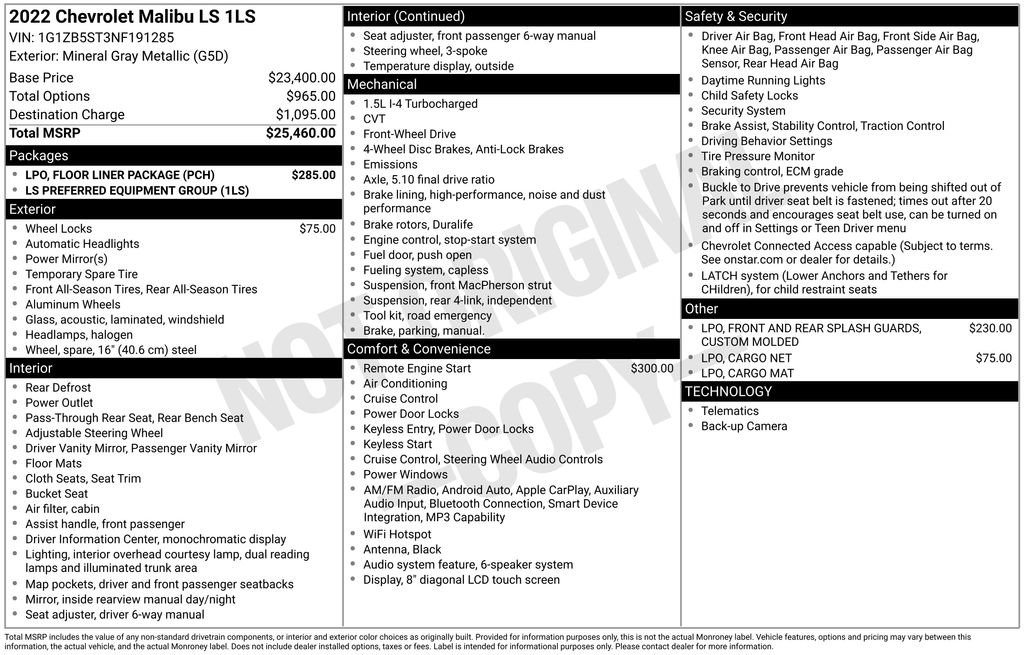 Used 2022 Chevrolet Malibu LS w/ LPO, Floor Liner Package FWD image 22