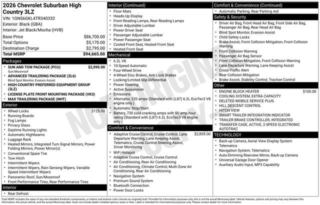 New 2026 Chevrolet Suburban High Country w/ Sun And Tow Package AWD/4WD image 5