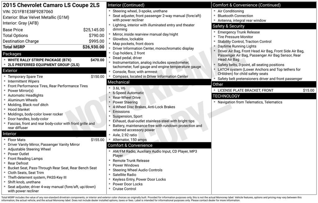 Used 2015 Chevrolet Camaro LS w/ White Rally Stripe Package image 31