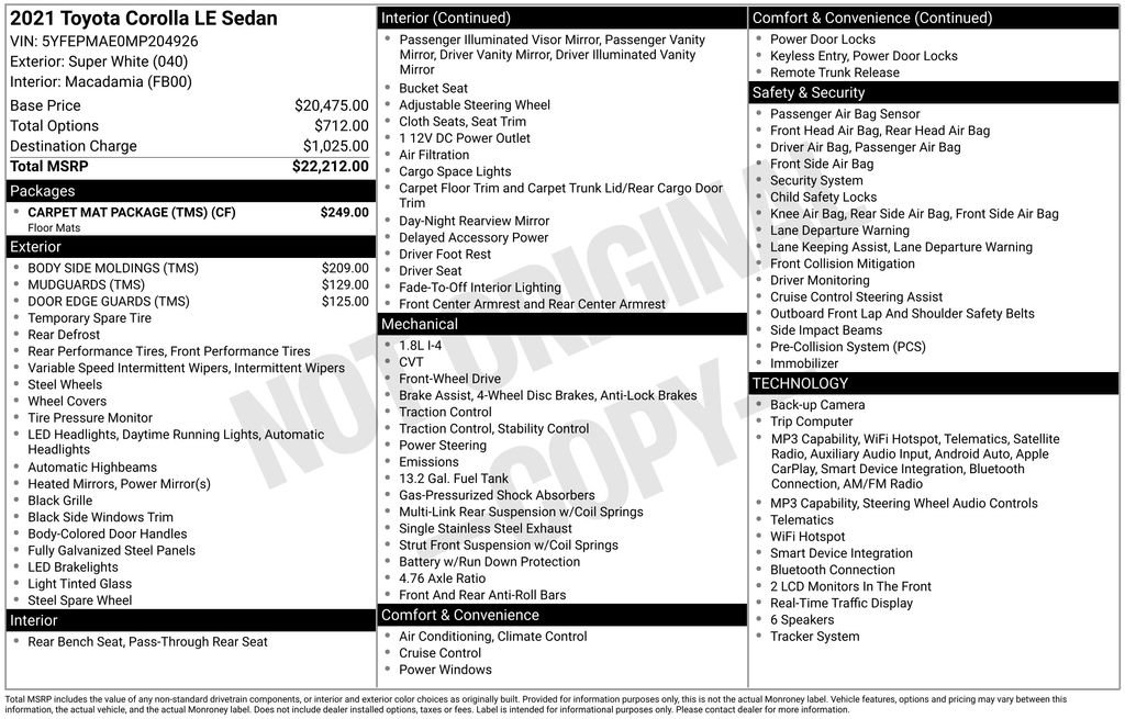 Used 2021 Toyota Corolla LE w/ Carpet Mat Package (TMS) FWD image 2