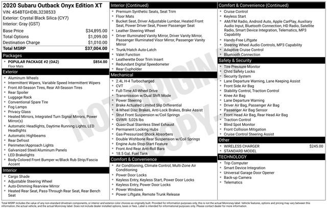 Used 2020 Subaru Outback Onyx Edition XT w/ Popular Package #2 AWD/4WD image 32