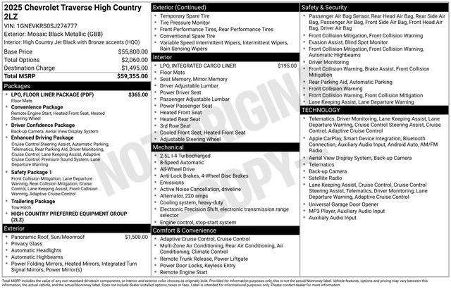 Used 2025 Chevrolet Traverse High Country w/ LPO, Floor Liner Package AWD/4WD image 5