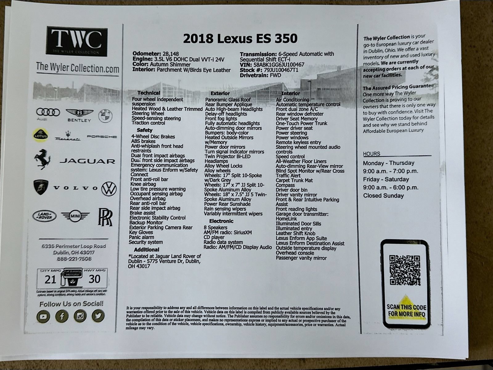 Used 2018 Lexus ES 350 w/ Luxury Package w/Wood Trim FWD image 47