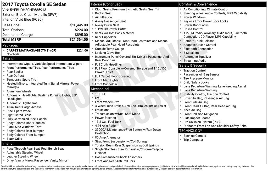 Used 2017 Toyota Corolla SE w/ Carpet Mat Package (TMS) FWD image 3