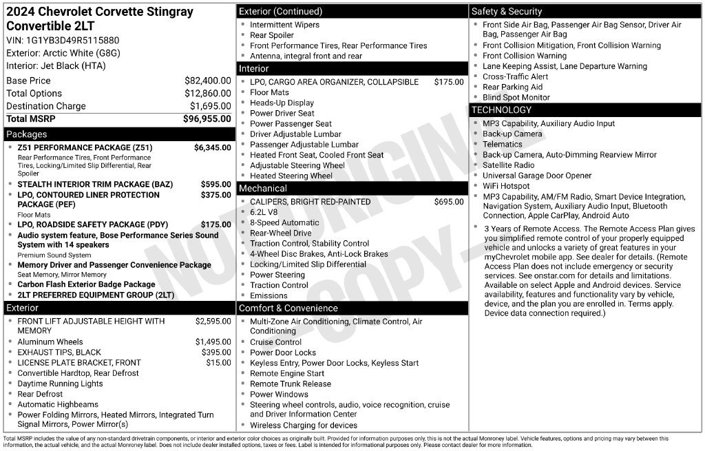 Used 2024 Chevrolet Corvette Stingray Preferred Conv w/ Z51 Performance Package RWD image 5