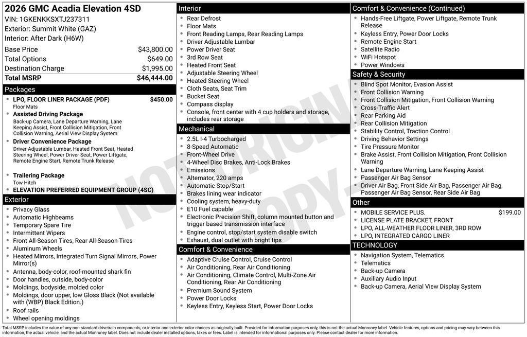 New 2026 GMC Acadia Elevation w/ LPO, Floor Liner Package FWD image 22