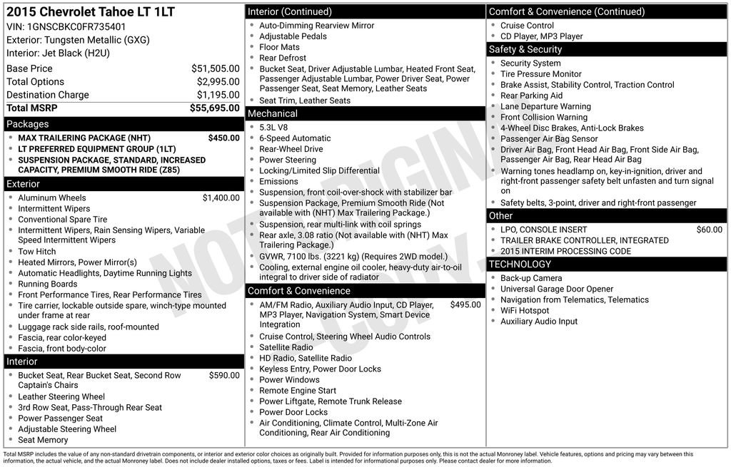 Used 2015 Chevrolet Tahoe LT w/ Max Trailering Package RWD image 9