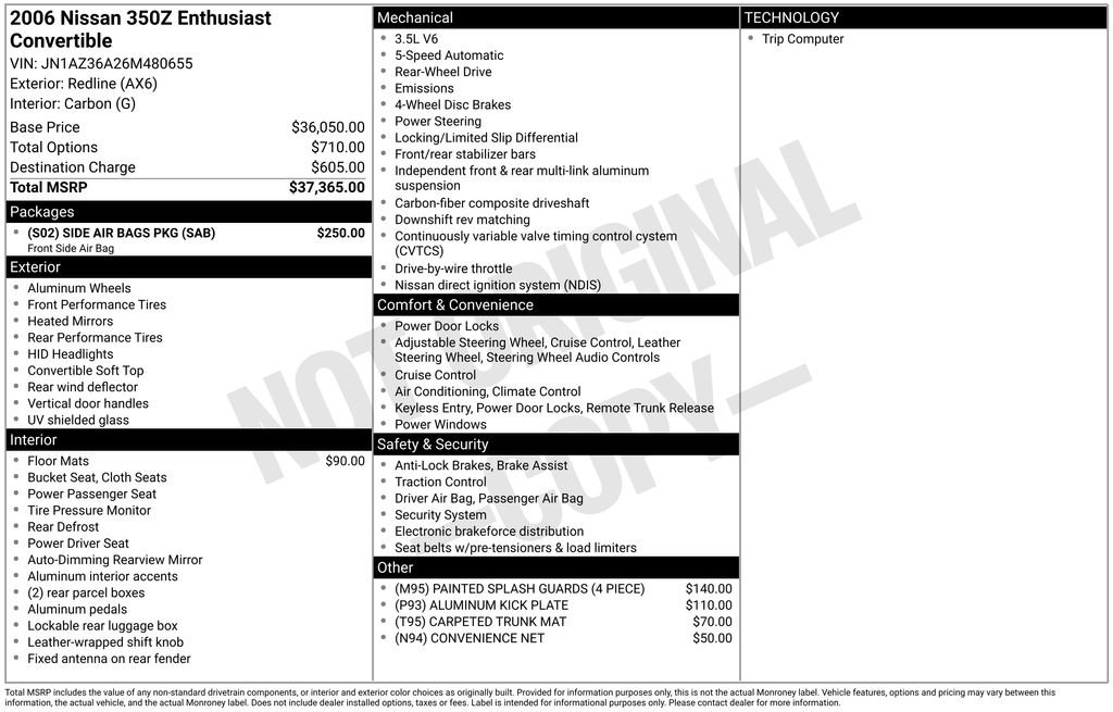 Used 2006 Nissan 350Z Enthusiast w/ (S02) Side Air Bags Pkg image 7