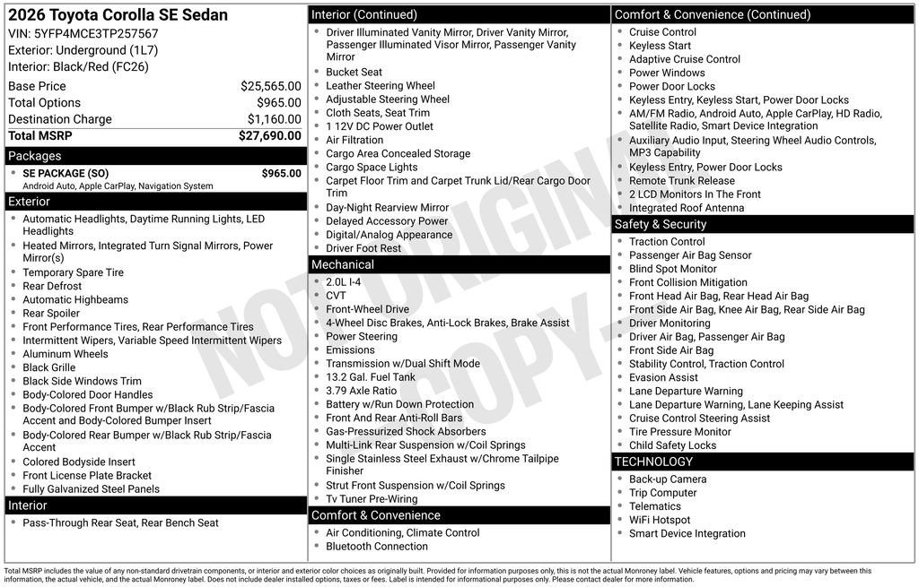 Used 2026 Toyota Corolla SE w/ SE Package FWD image 6