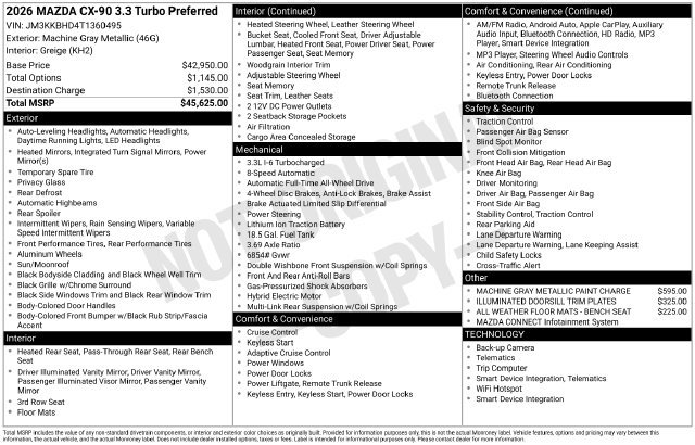 Certified 2026 MAZDA CX-90 3.3 Turbo w/ Preferred Package AWD/4WD image 34