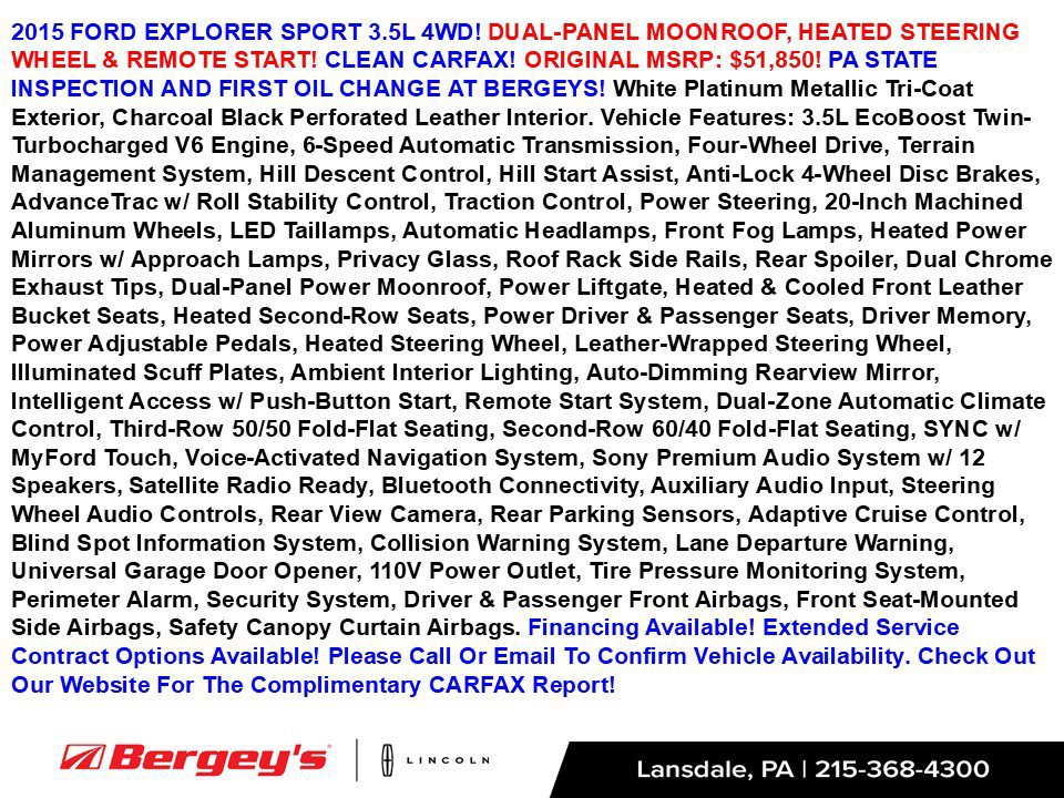 Used 2015 Ford Explorer Sport w/ Equipment Group 401A AWD/4WD image 2