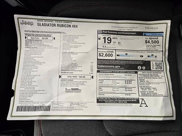 New 2026 Jeep Gladiator Rubicon w/ Steel Power Dome Hood Package AWD/4WD image 17