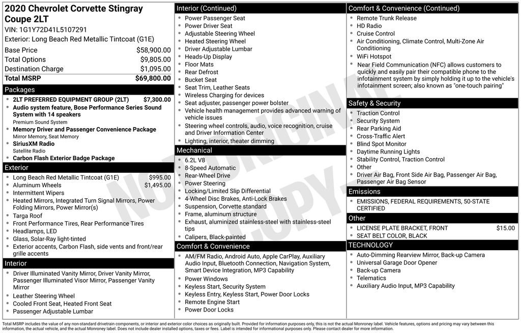 Certified 2020 Chevrolet Corvette Stingray Preferred Cpe w/ 2LT Preferred Equipment Group image 4