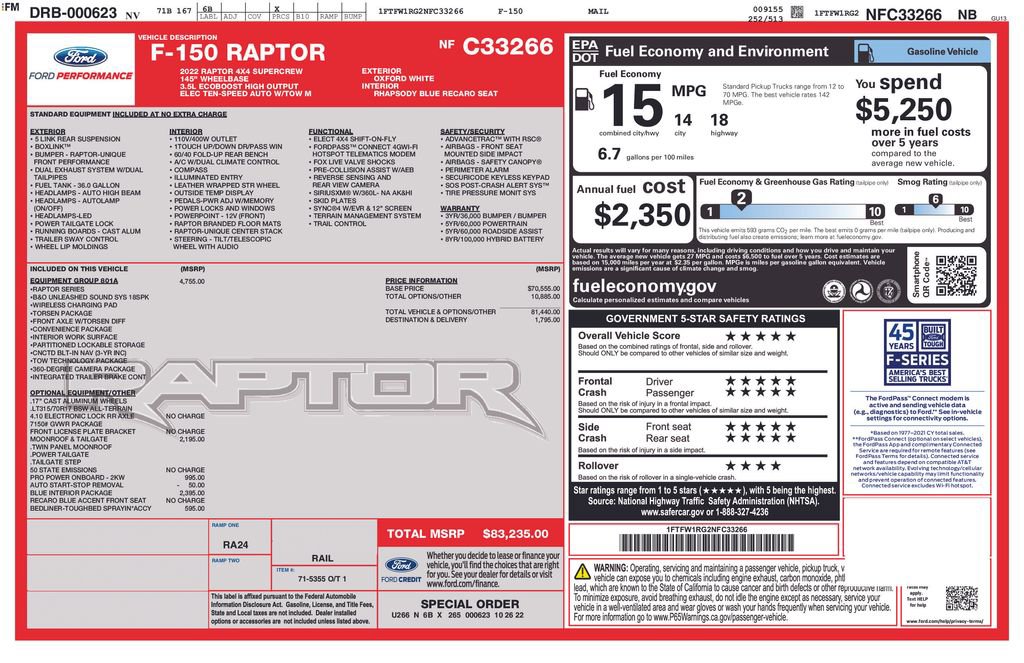Used 2022 Ford F150 Raptor w/ Equipment Group 801A High image 2