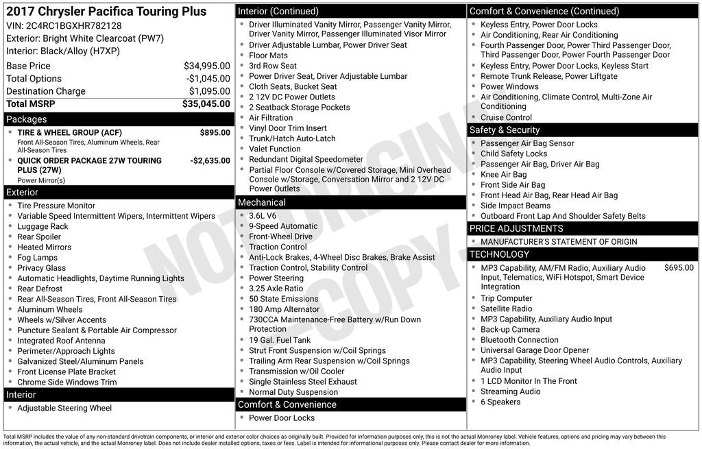 Used 2017 Chrysler Pacifica Touring Plus w/ Tire & Wheel Group FWD image 10