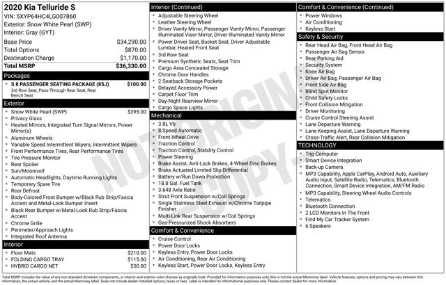 Used 2020 Kia Telluride S w/ S 8 Passenger Seating Package FWD image 32
