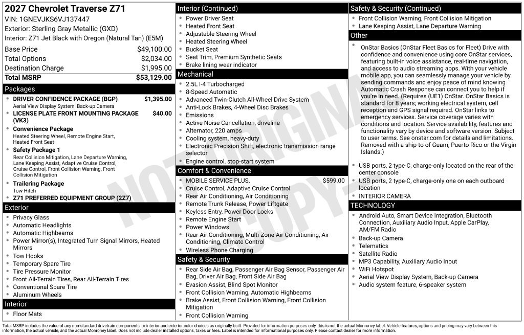 New 2027 Chevrolet Traverse Z71 w/ Driver Confidence Package AWD/4WD image 56