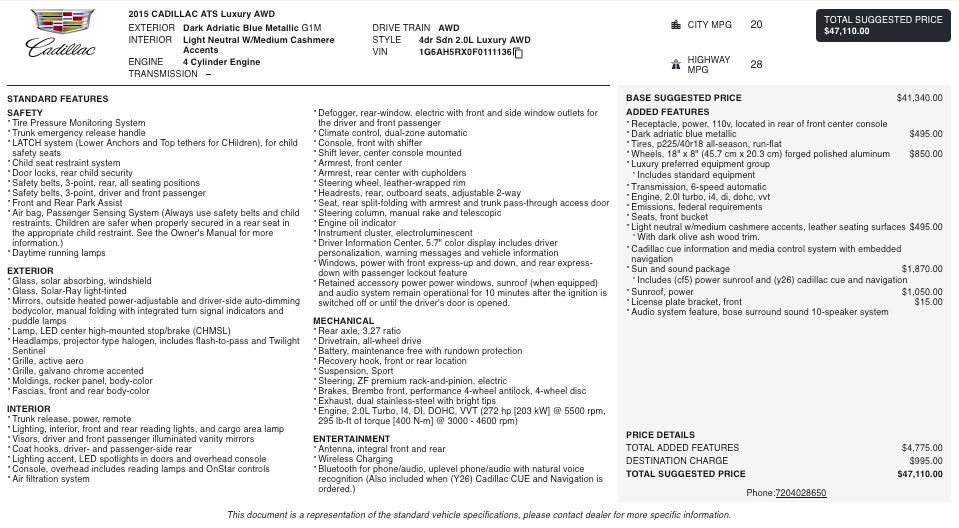 Used 2015 Cadillac ATS Luxury w/ Sun And Sound Package image 2