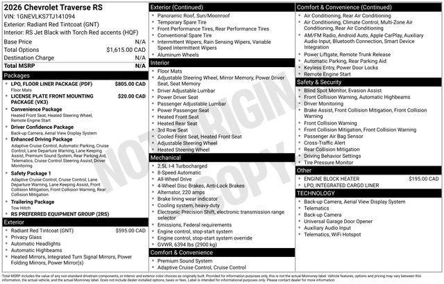 Used 2026 Chevrolet Traverse RS w/ LPO, Floor Liner Package AWD/4WD image 13