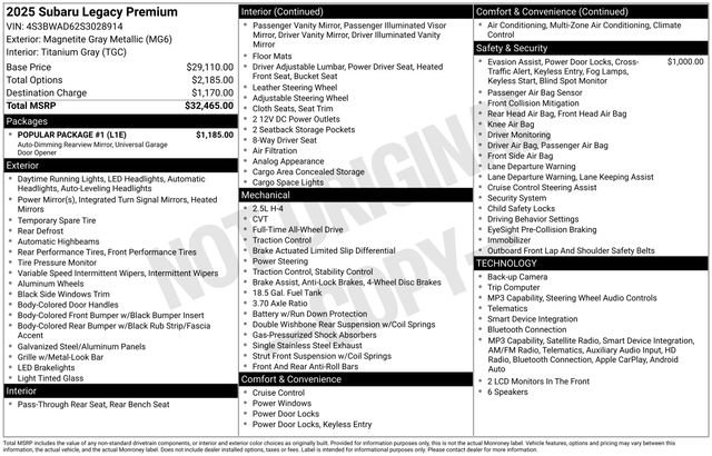 Used 2025 Subaru Legacy Premium w/ Popular Package #1 image 6