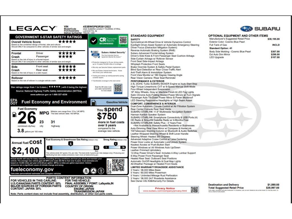 Used 2024 Subaru Legacy Touring XT AWD/4WD image 7