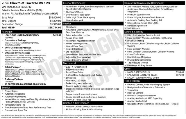 New 2026 Chevrolet Traverse RS w/ LPO, Floor Liner Package FWD image 4