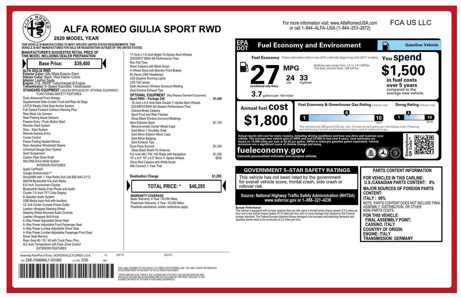 Used 2020 Alfa Romeo Giulia w/ Quick Order Package 22K Sport RWD image 5