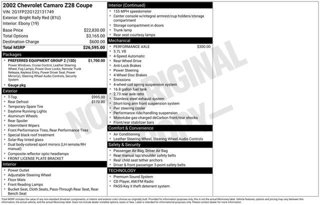 Used 2002 Chevrolet Camaro Z28 w/ Preferred Equipment Group 2 RWD image 4
