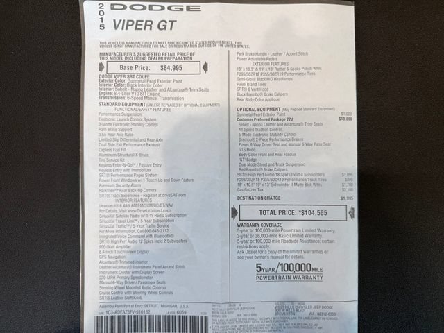 Used 2015 Dodge Viper w/ Quick Order Package 22J GT RWD image 38