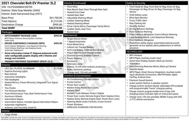 Used 2021 Chevrolet Bolt Premier w/ Infotainment Package FWD image 43