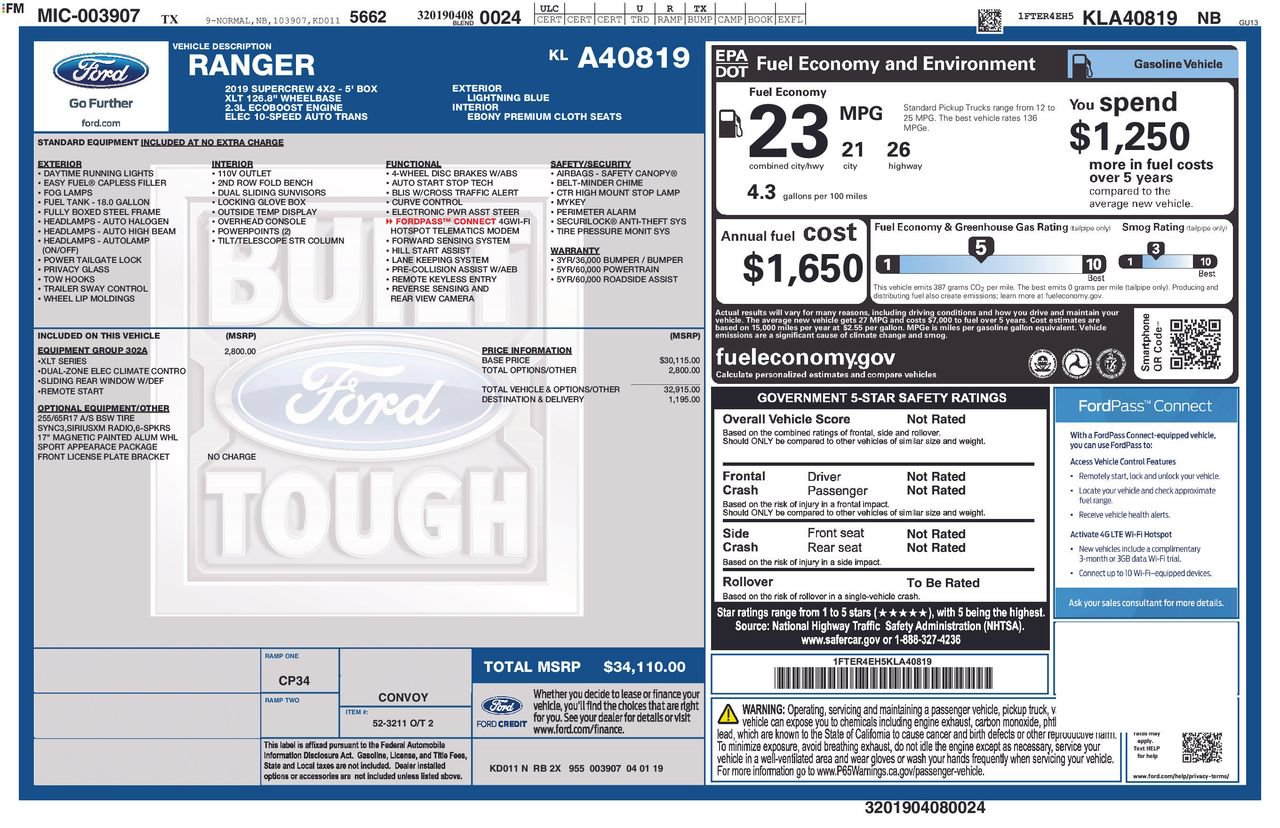 Used 2019 Ford Ranger XLT w/ Equipment Group 302A Luxury RWD image 31