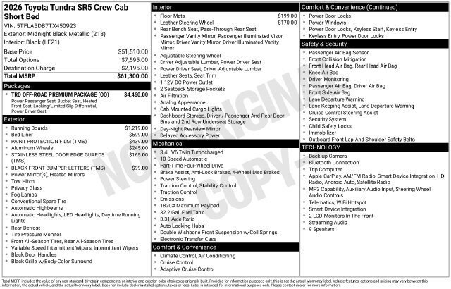 New 2026 Toyota Tundra SR5 w/ TRD Off-Road Premium Package