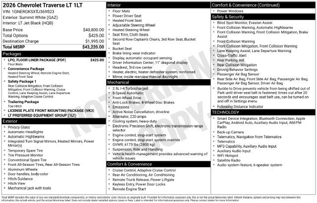 New 2026 Chevrolet Traverse LT w/ LPO, Floor Liner Package FWD image 15