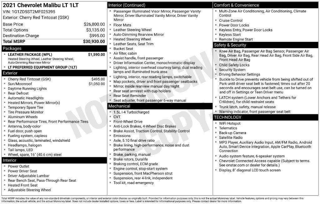 Used 2021 Chevrolet Malibu LT w/ Leather Package FWD image 5