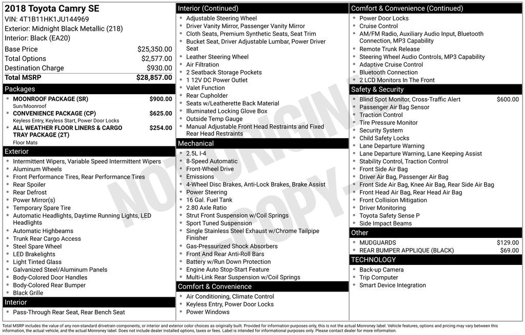 Used 2018 Toyota Camry SE w/ Moonroof Package FWD image 6