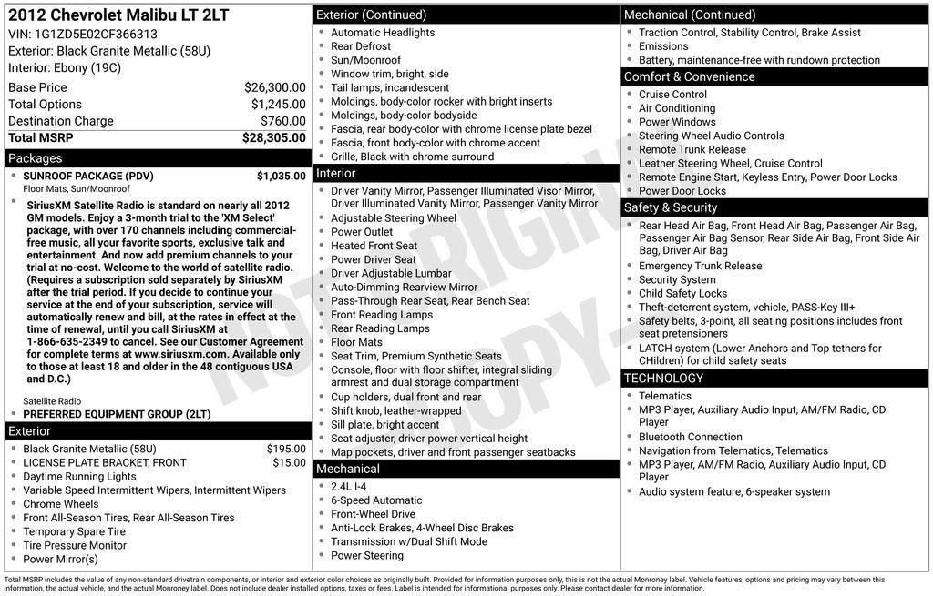 Used 2012 Chevrolet Malibu LT w/ Sunroof Package FWD image 2