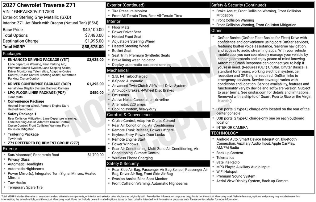 New 2027 Chevrolet Traverse Z71 w/ Enhanced Driving Package AWD/4WD image 5