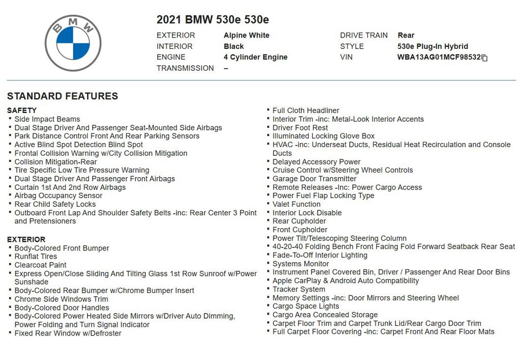 Used 2021 BMW 530e w/ Parking Assistance Package RWD image 18