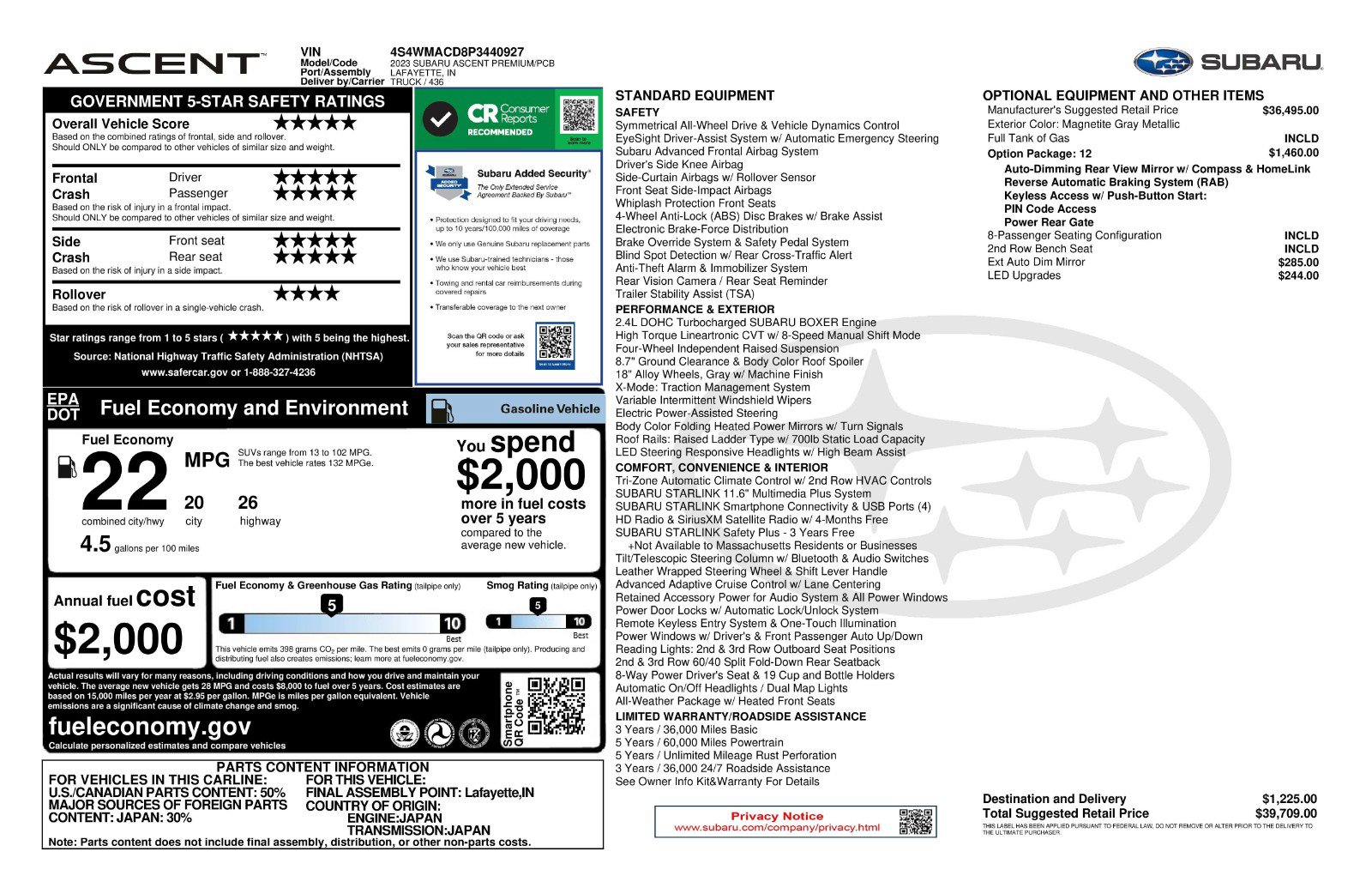 Used 2023 Subaru Ascent Premium w/ Convenience Package AWD/4WD image 11