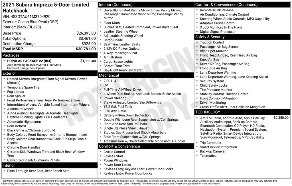 Used 2021 Subaru Impreza 2.0i Limited w/ Popular Package #2 image 10