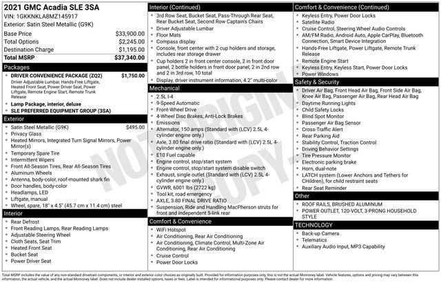 Used 2021 GMC Acadia SLE w/ Driver Convenience Package FWD image 3