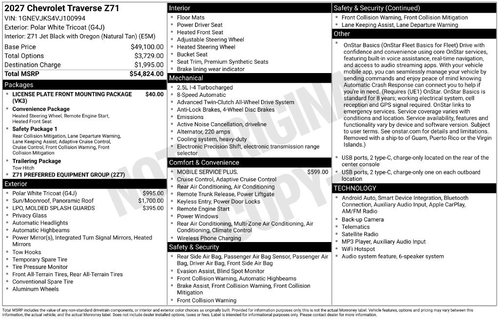 New 2027 Chevrolet Traverse Z71 AWD/4WD image 57