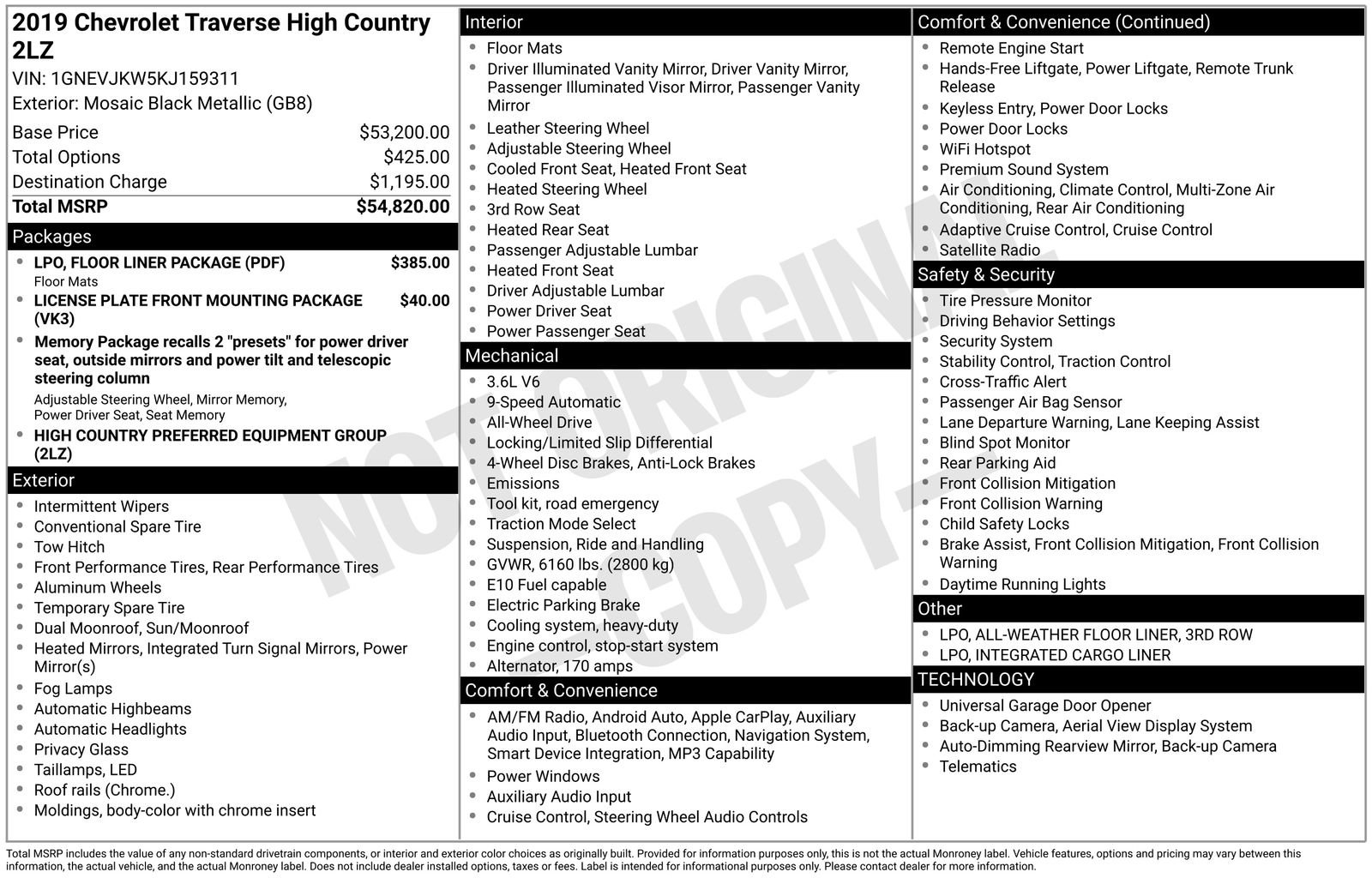 Used 2019 Chevrolet Traverse High Country w/ LPO, Floor Liner Package image 35